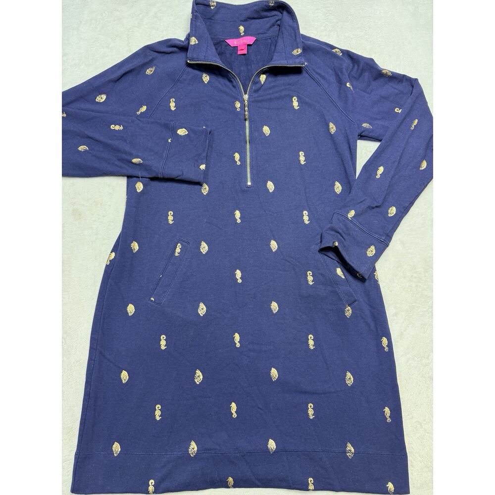 Lilly Pulitzer Sz Med UPF 50+ Skipper Ruffle Dress Navy Seahorse Shift Cotton
